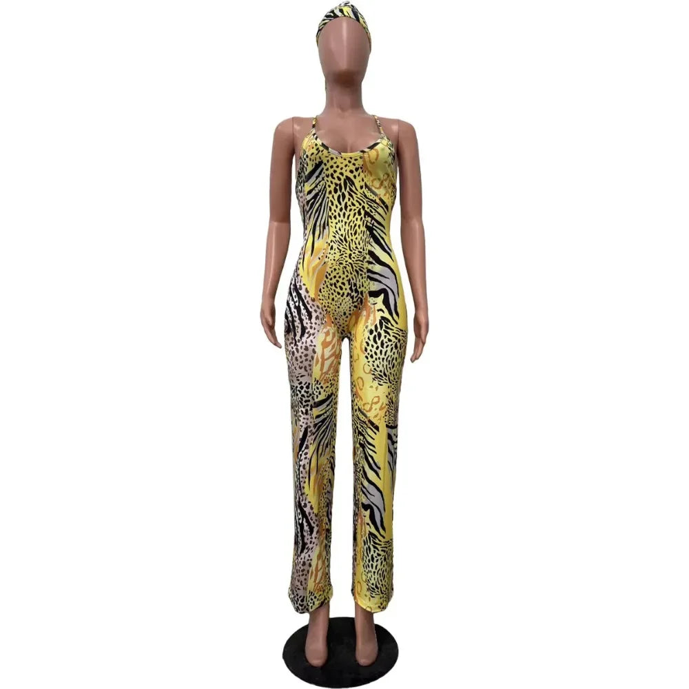 HLJ Sexy Leopard Print Bodycon Jumpsuits Women Thin Strap Sleeveless V Neck Wide Leg Pants Playsuit Female Overall With Scarf