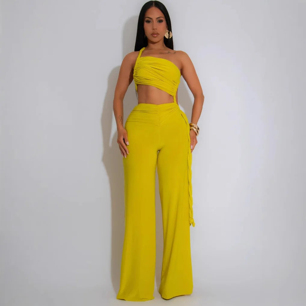 FAGADOER Sexy Ruched Patchwork Bodycon Jumpsuits for Woman Halter Sleeveless Wide-leg Romper Female Streetwear Overalls 2025 New