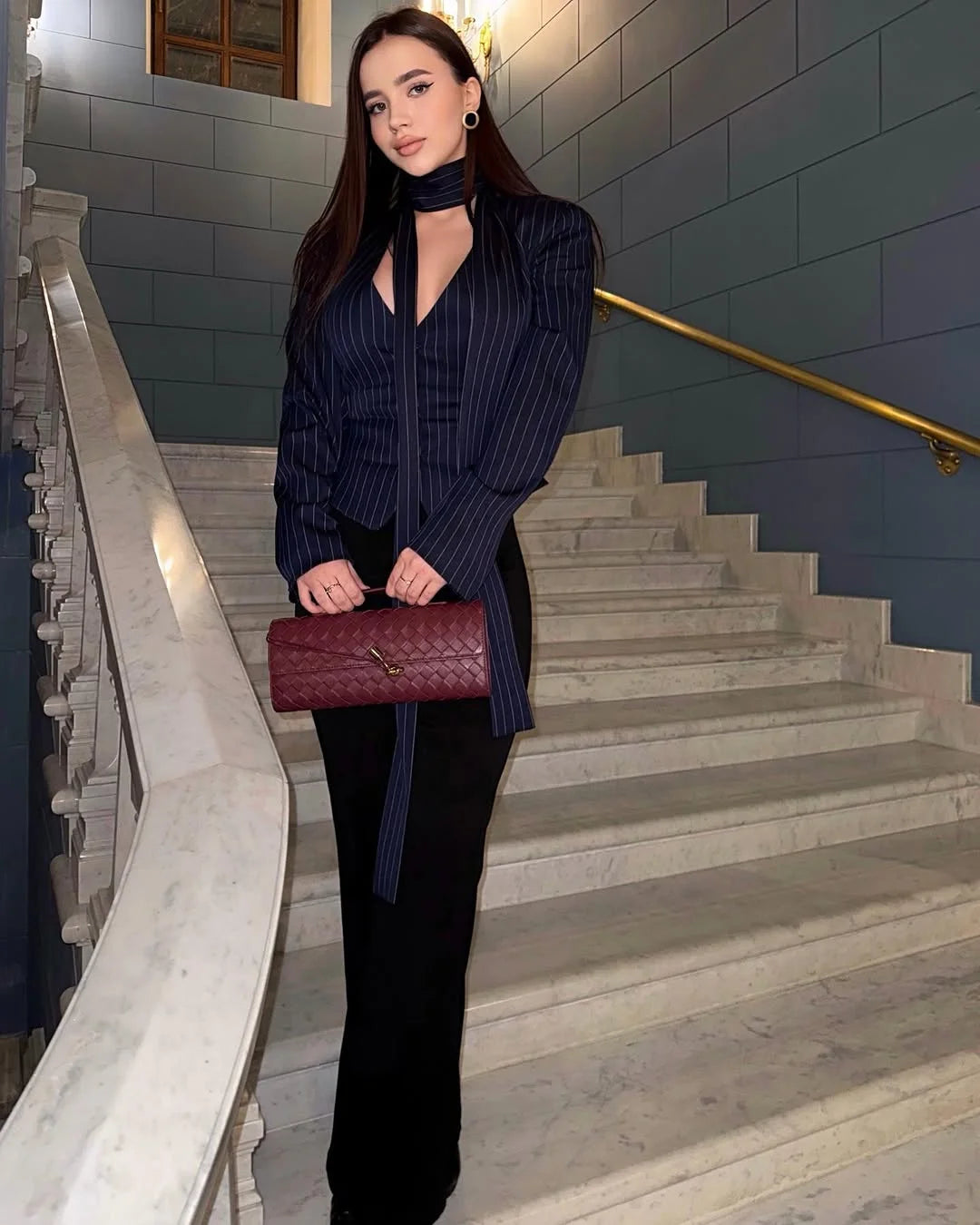 Tossy Elegant Female Striped Suit Coat For Women Scarf Lace-Up Patchwork V-Neck Long Sleeve Luxury Outwear Female Jackets Coat