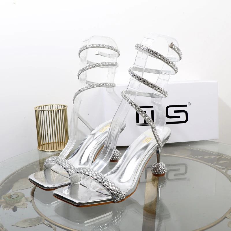 Luxury fashion sandals 2024 Summer New Rhinestone Fairy Open-toe Ring-foot Strap rome sandals with High Heel Women Shoes Banquet