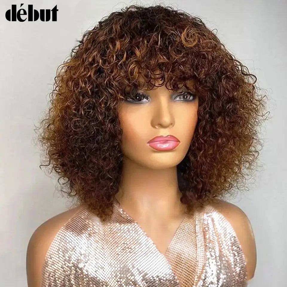Fringe Bang Wig With Deep Wave Human Hair Water Wave Natural  Deep Curly Brazilian Hair Wigs 180% Density For Women