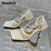 Aneikeh 2024 Summer Sexy Mesh Pumps Sandals Female Square Toe High Heel Lace Up Cross-Tied Stiletto Hollow Dress Party Shoes
