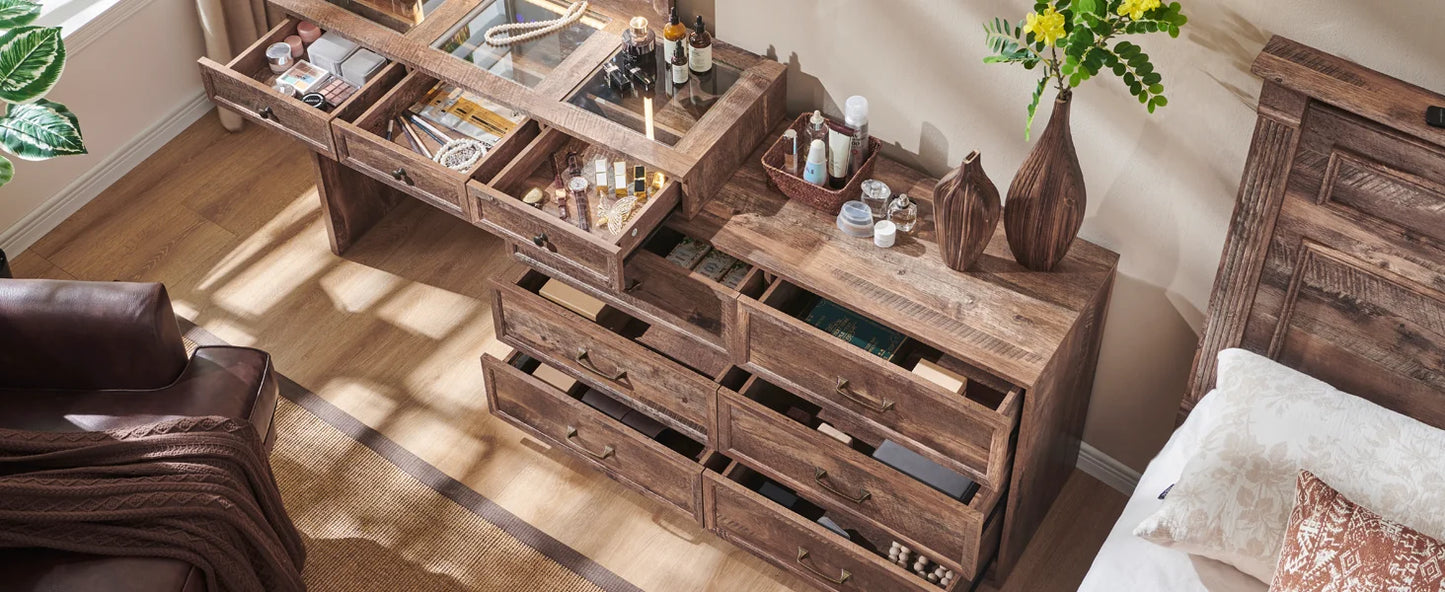 69" W rustic wood bedroom dresser with glass top, 9 large storage drawers, 3 color usable lights and 30 "HD Led mirror
