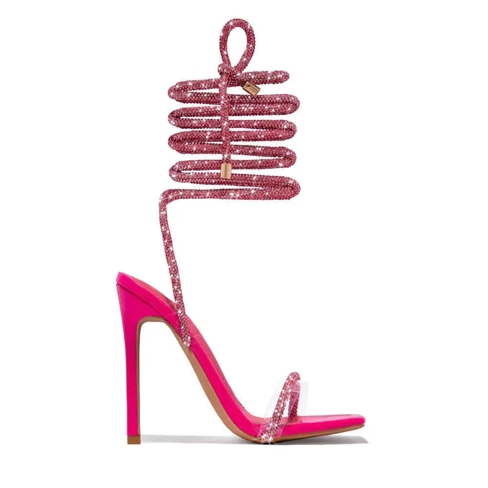 Eilyken CRYSTAL Diamond Thin High Heels Women Sandals Sexy Ankle Cross Strap Lace-Up Square Toe Party Dress Female Shoes