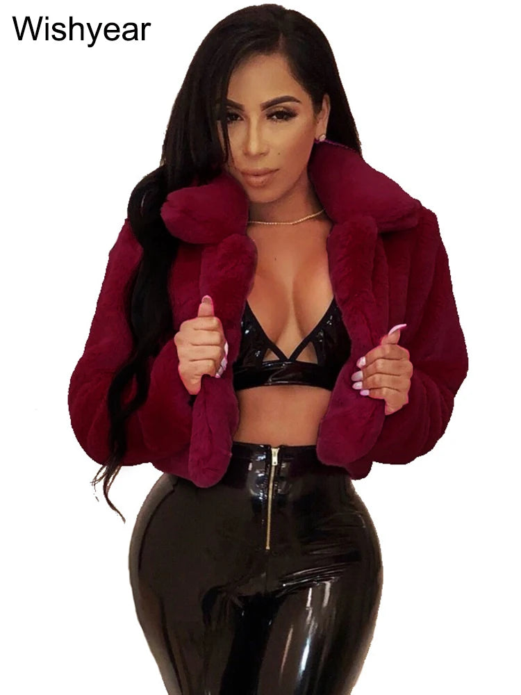 Fashion Faux Fur Open Stitch Lapel Crop Jackets Women Clothing Autumn Winter Solid Long Sleeve Warm Furry Fluffy Coat Outer Wear