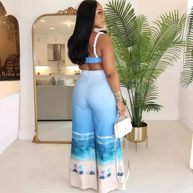 Sexy Nightclub Outfits for Women 2 Piece Set Birthday Vacation Bra Crop Top and Print Wide Leg Pants Matching Sets Beach Wear