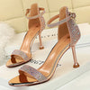 Women Summer Sandals 8.5cm High Heels Rhinestone Crystal Middle Heels Ankle Strappy Sandles Lady Wedding Event Party Gold Shoes