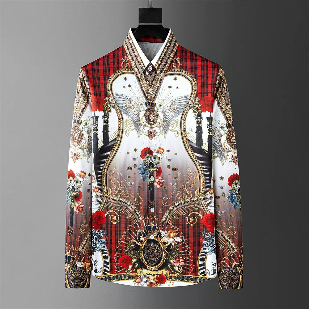 Fashion Men's Luxury Retro Print Shirt Crown Diamond Casual Social Shirt Long Sleeve Slim Fit Business Party Dress Shirt XS-6XL