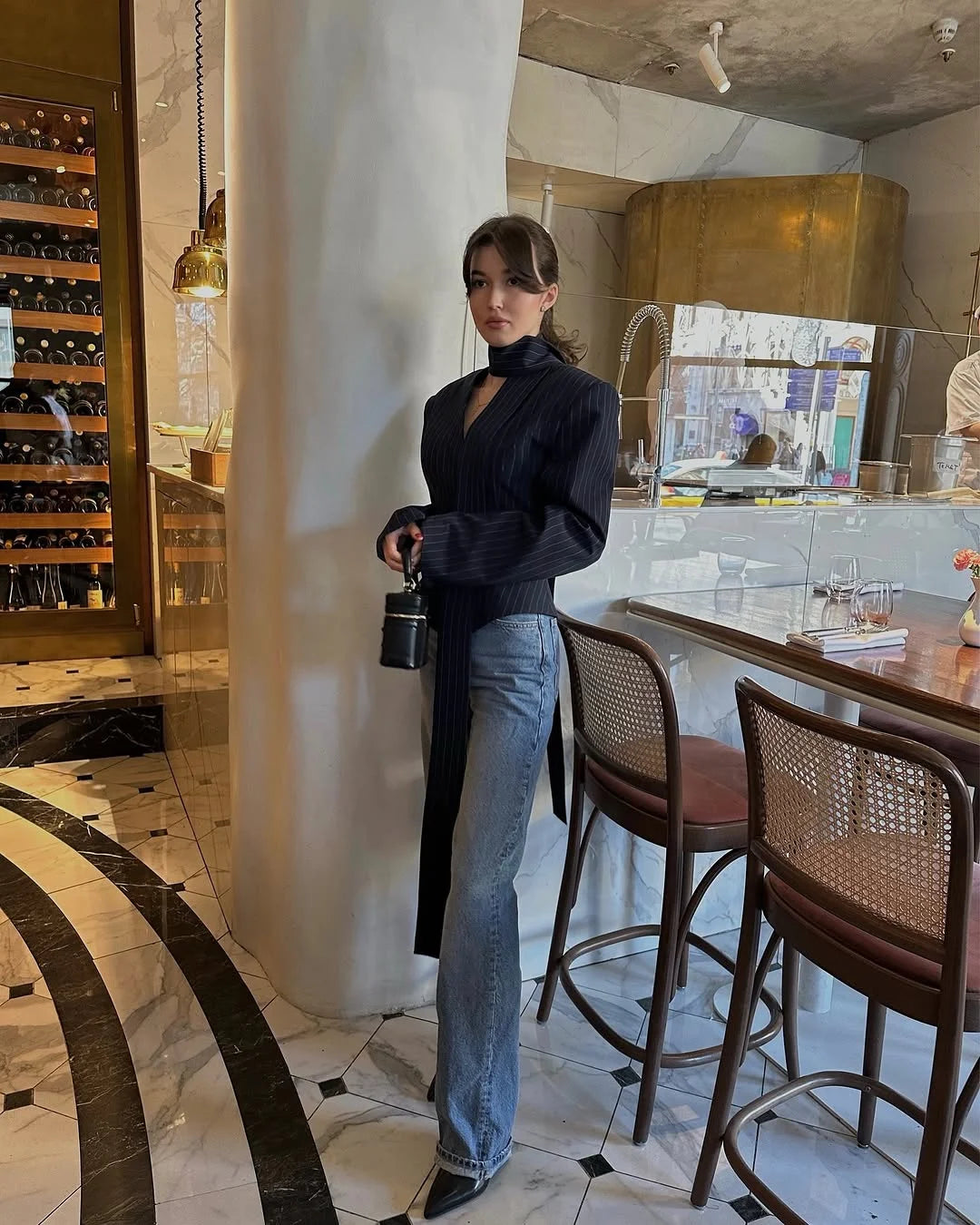 Tossy Elegant Female Striped Suit Coat For Women Scarf Lace-Up Patchwork V-Neck Long Sleeve Luxury Outwear Female Jackets Coat