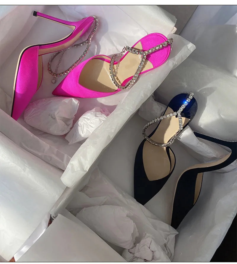 Luxury Crystal Sequined Women Pumps Elegant Thin High heels Spring Summer Fashion Chains Party Shoes Sexy Wedding Bridal Shoes