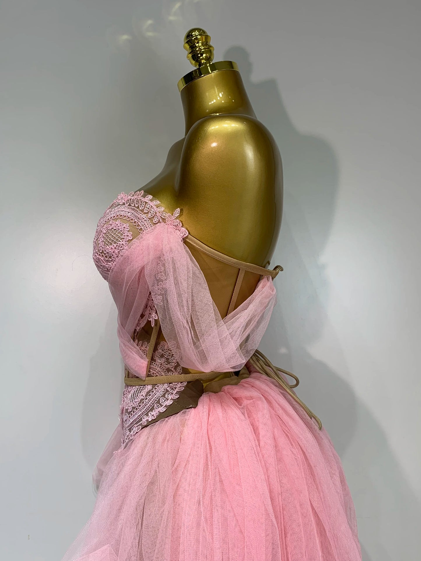 Women Sexy Strapless Pink Mesh Two Pieces Set Prom Gown Celebrate Birthday Nightclub Party Singer Stage Performance Costume