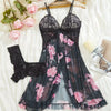 Contrast Lace Ruffle Trim Lingerie Set, Deep V Slip Dress & Thong, Women's Sexy Lingerie & Underwear