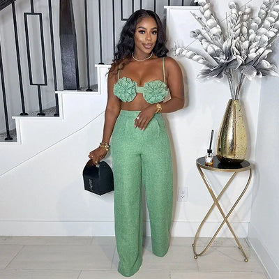 Women's Set Sleeveless 3D Flower Crop Bra Top+Wide Leg Pants Elegant beach holiday Two 2 Piece Set Outfits