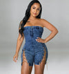 Rompers Women One Piece Elegant Splice Denim Jumpsuits Sexy Slim Fit Strapless Sleeveless Short Pants Sheath Playsuits