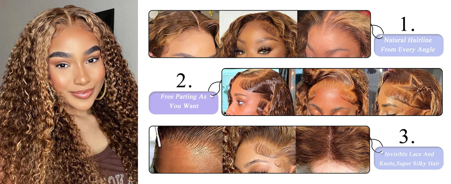 30 34 Inch Highlight Ombre Lace Front Wig Curly Human Hair Wigs Honey Blonde Colored HD Deep Wave Frontal Wigs For Black Women