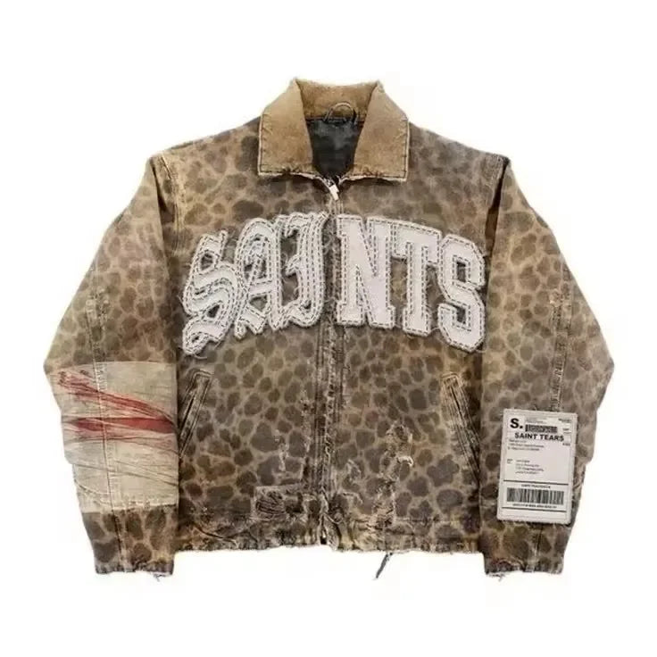 Vintage Leaves Camouflage Jeans Jacket Two Piece Set Y2K Suit Men Letters Rhinestone Sequins Oversized Coat Baggy Jeans Clothing