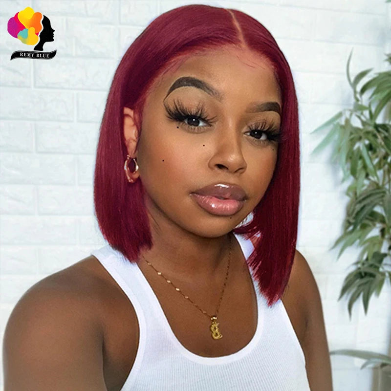 Burgundy Bob Wig Lace Front Human Hair Wigs Pre-Plucked 99J Red Blonde Colored Straight Human Hair Wigs 13x1 Lace Front Wig