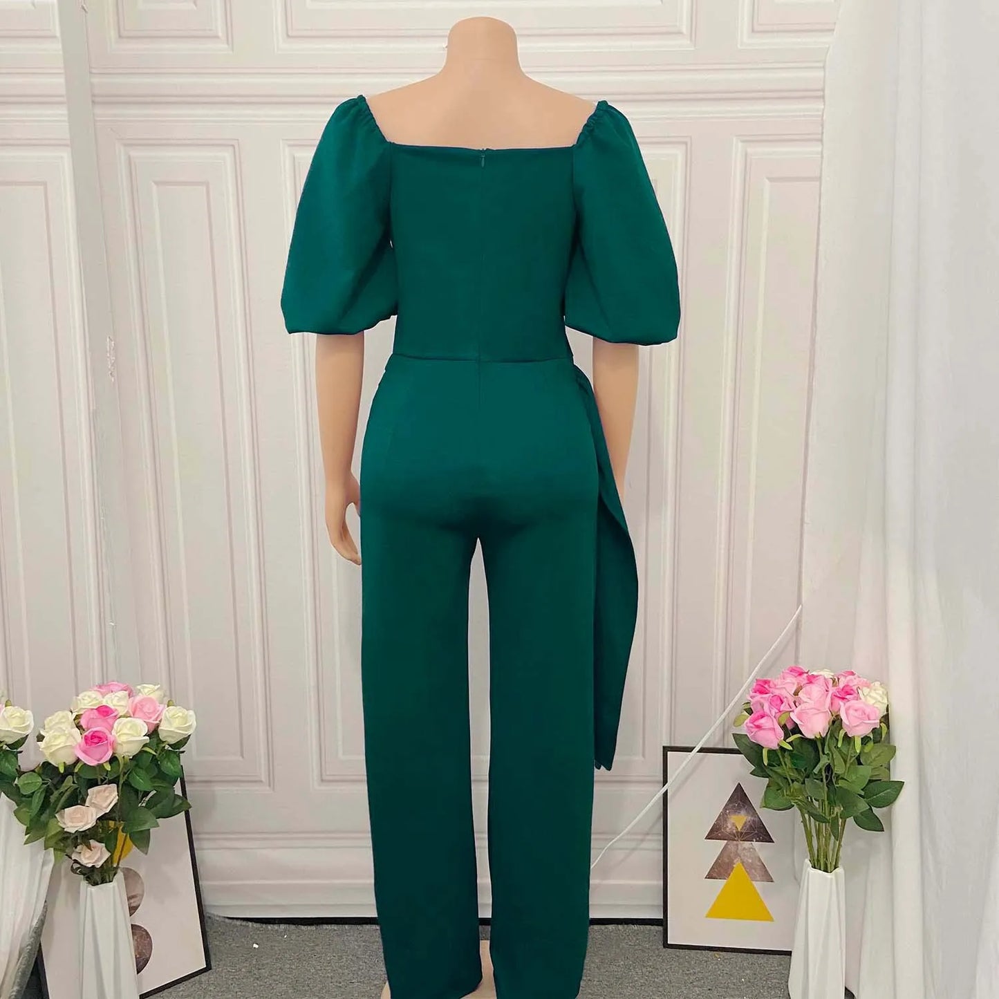 Elegant Jumpsuits for Women Luxury Square Neck Lantern Sleeve Big Swing Straight Female Birthday Party Dinner Outfits Overalls