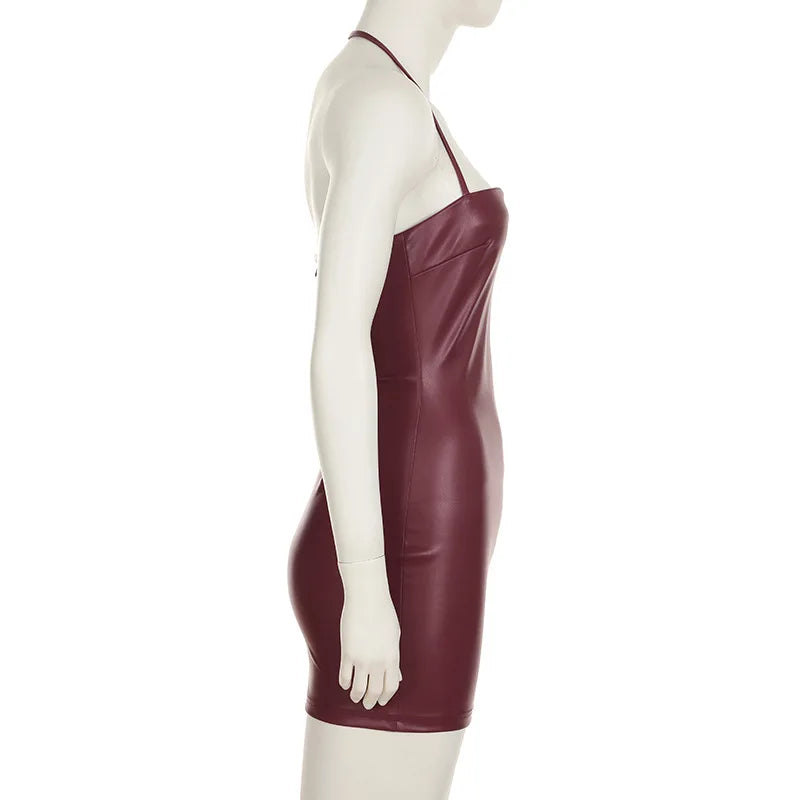 Tuularose Leather Spaghetti Strap Dress Women's Sexy Solid Sleeveless Halter Short Dress Party Club Retro Y2k Bodycon Mini Dress