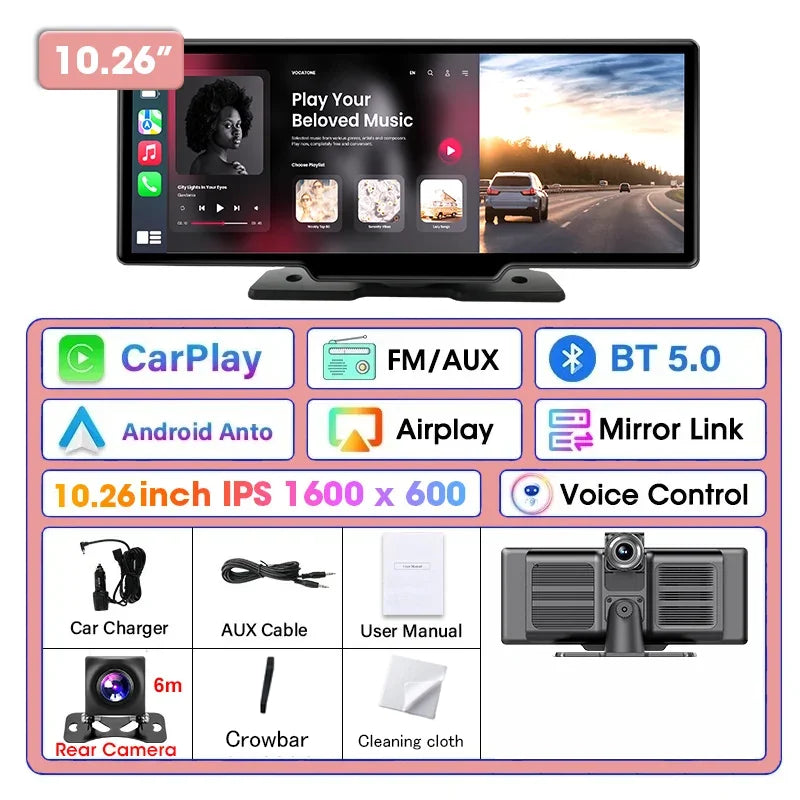 10.26'' Dash Cam 4K Car Mirror Video Player Wireless Carplay Android Auto GPS Car Monitor Multimedia Rearview Camera Dashboard