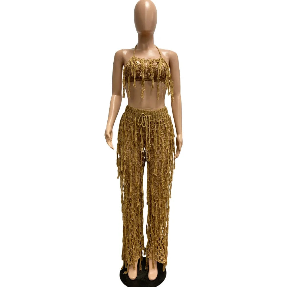 FAGADOER Sexy Hollow Out Tassels Pants Two Piece Sets Women Halter Sleeveless Backless Crop Top + Pants Outfit Female Streetwear