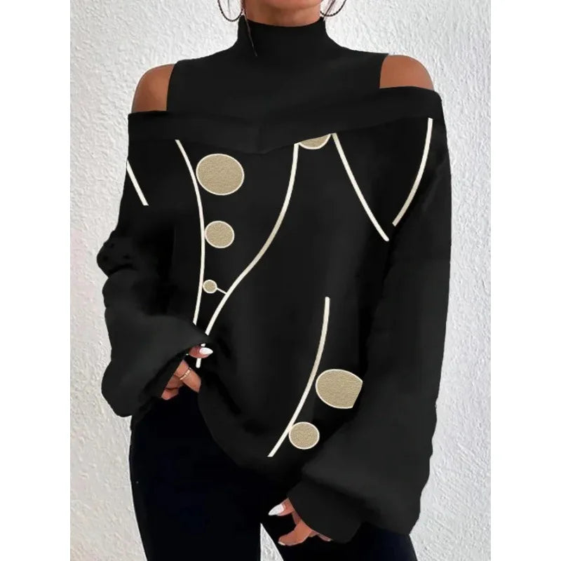 2024Ladies Long Sleeve Turtleneck Tops Women Sexy Off Shoulder Hollow Out Loose Printing T-shirt 2024 Autumn Fashion T-shirt Top