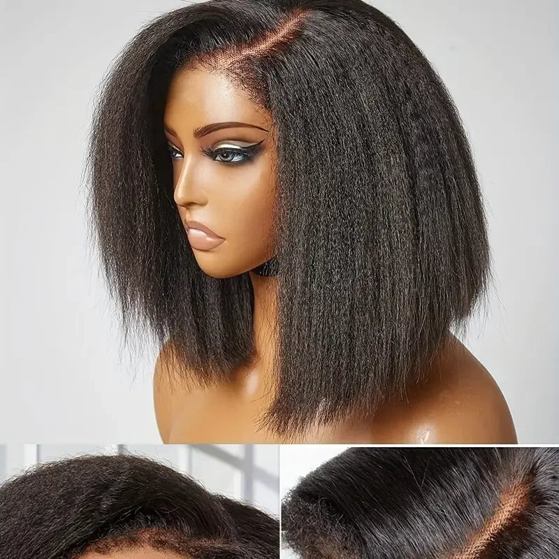 Peruvian Kinky Straight Wig Glueless Short Bob Wigs Human Hair 13X4 Yaki Straight Lace Front Wig Pre Plucked Closure Wig 180%