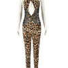 Beyprern Wild Cut-Out Leopard Print Corset Jumpsuit Fitness Rompers One Piece Outfits Womens Mesh Patchwork Long Pants Overalls