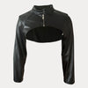 Chic Women's Faux Leather Jacket - Sexy Zip-Up Crop Top with Stand Collar, Long Sleeve, Solid Color -  PU Leather Jacket