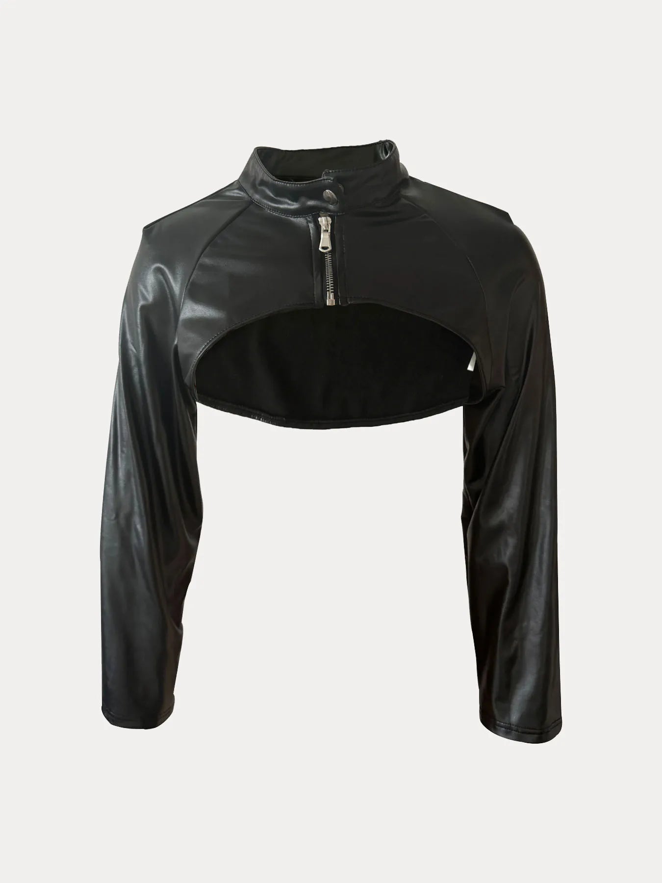 Chic Women's Faux Leather Jacket - Sexy Zip-Up Crop Top with Stand Collar, Long Sleeve, Solid Color -  PU Leather Jacket