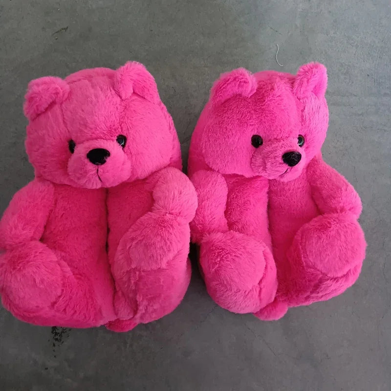 Cute Teddy Bear Plush Winter Slippers Wrapped in Heels Fun Indoor Floor Shoes Women's Gift Warm and Soft Cartoon Plush Animal Sl