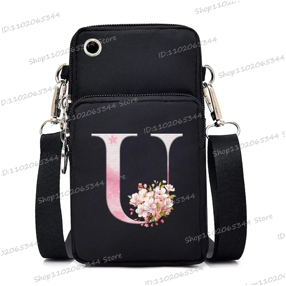 Women‘s Messenger Bag Small Handbag Crossbody Shoulder Wallet for Phone Sakura 26 Alphabet Print Coin Purse Ladies Card Holder