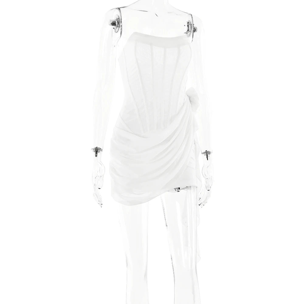 Articat Sexy Strapless Bandage Double-layer Mesh Patchwork Dress Women Perspective Tight Flower Ribbon Vestidos Party Clubwear