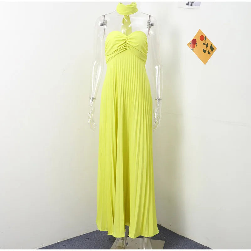 Strapless Ribbon Maxi Dress Women Elegant Sleeveless Backless Pleated Party Dresses Female 2025 Summer Sexy Lady Evening Vestido