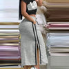 2025 Summer Two Piece Sets Women Outifit Fashion Print Colorblock O-Neck Short Sleeve Crop Top & Casual Striped Pocket Skirt Set