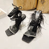 Eilyken Fashion Summer Rhinestone Feather Women Sandals Lace-up Cross-Tied Sexy Gladiator Square Toe Ladies High Heel Shoes