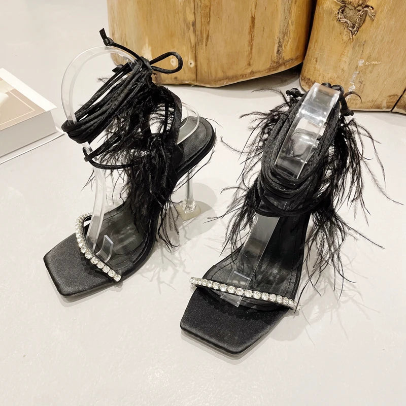Eilyken Fashion Summer Rhinestone Feather Women Sandals Lace-up Cross-Tied Sexy Gladiator Square Toe Ladies High Heel Shoes