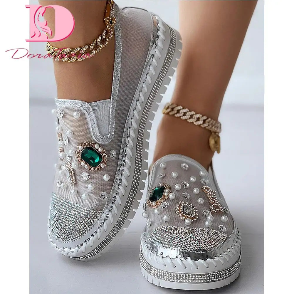 Big Size 43 Brand New Ladies Platform Loafers Fashion Rhinestonen Pearl Solid women's Sneakers Casual Spring Autumn Women Shoes