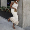 Fashion Yellow Tassel Knitted Sling Midi Dress for Women 2024 Sexy Backless Sleeveless Summer Beach Party Lady Robes