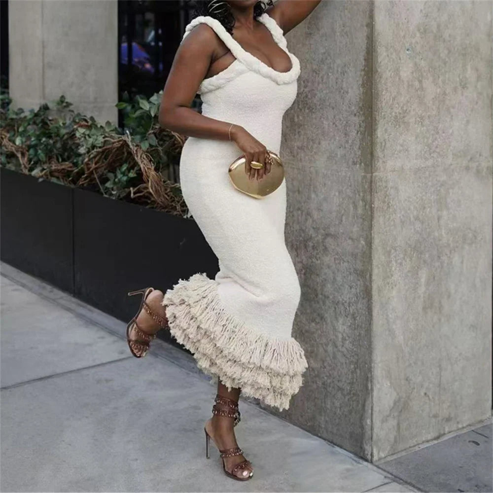 Fashion Yellow Tassel Knitted Sling Midi Dress for Women 2024 Sexy Backless Sleeveless Summer Beach Party Lady Robes