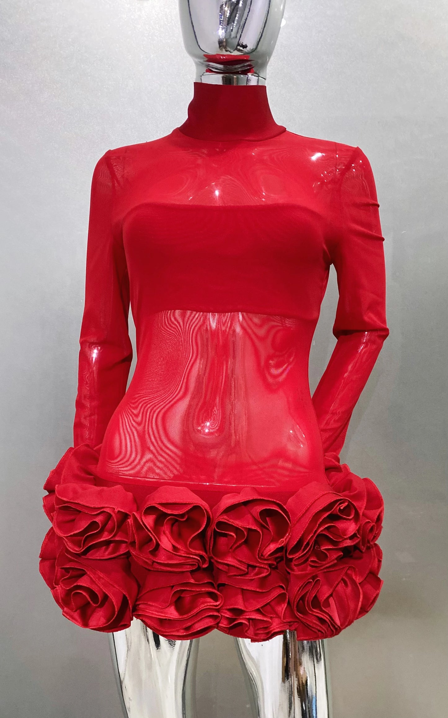 2024 New Sexy Mesh See through Stereoscopic Flowers Red Mini Evening Dress Sweet Woman Birthday Party Dress Performance costume