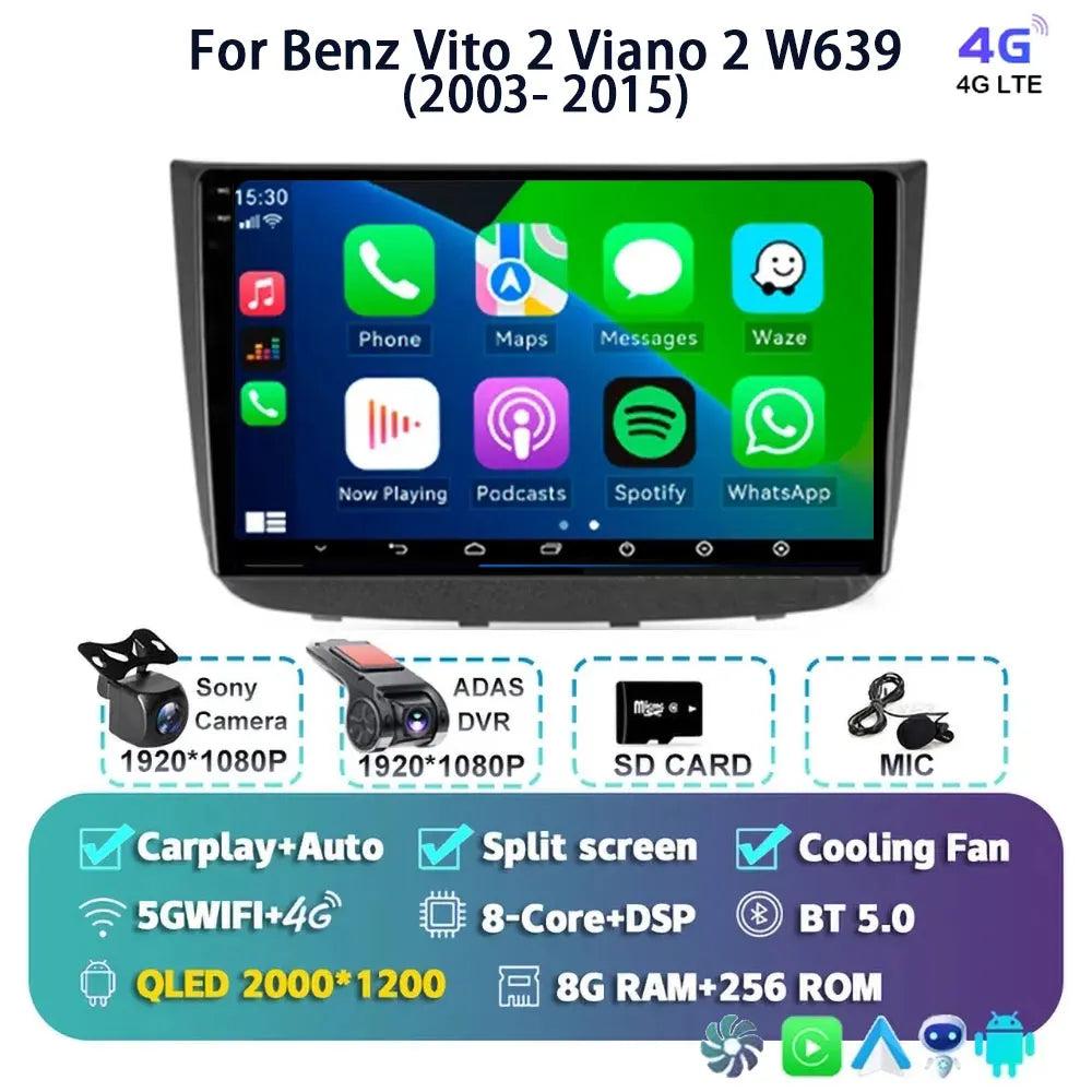 Android 14 For Benz Vito 2 Viano 2 W639 2003- 2015 2K QLED Android Car Radio Multimedia Video Player BT Stereo CarPlay Head Unit