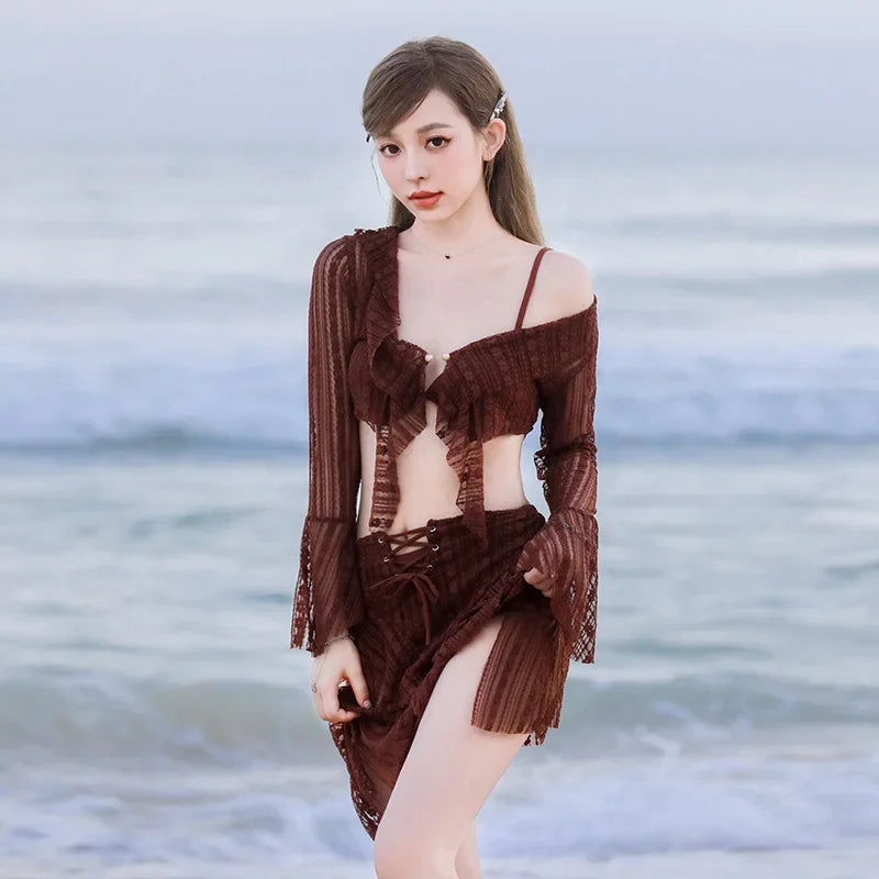 Bikini Sets Women Long Sleeve Irregular Three Pieces Lace-up Summer Sun-proof Vintage European Style Sexy Swimwear Beach Outfit