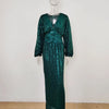 Women Sequins Splice Dress V Neck Full Sleeve A Line Evening Dresses Party Solid High Waist Long Skirts Office Lady Prom