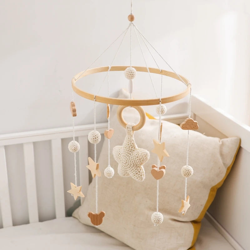 Baby Crib Mobile Bed Bell Rattle Toys Wooden Crochet Stars Pendant Bed Bell Toys Newborn Comfort Crib Bracket Hanging Toys Gifts