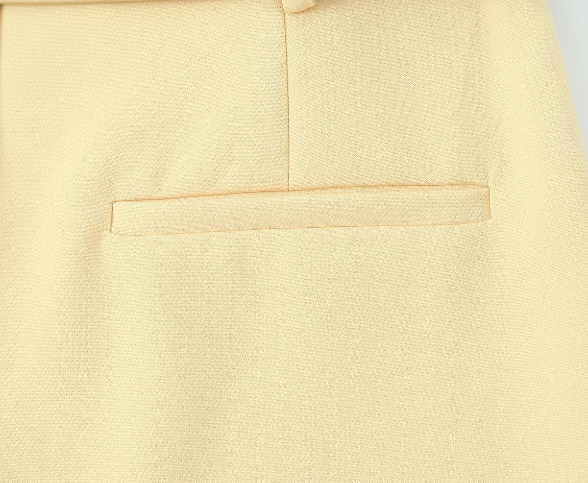 TRAFZA Women Fashion Suit Yellow V-Neck Sleeveless Belt Sngle Breasted Tops+High Waist Pocket Belt Long Skirts Female Summer Set