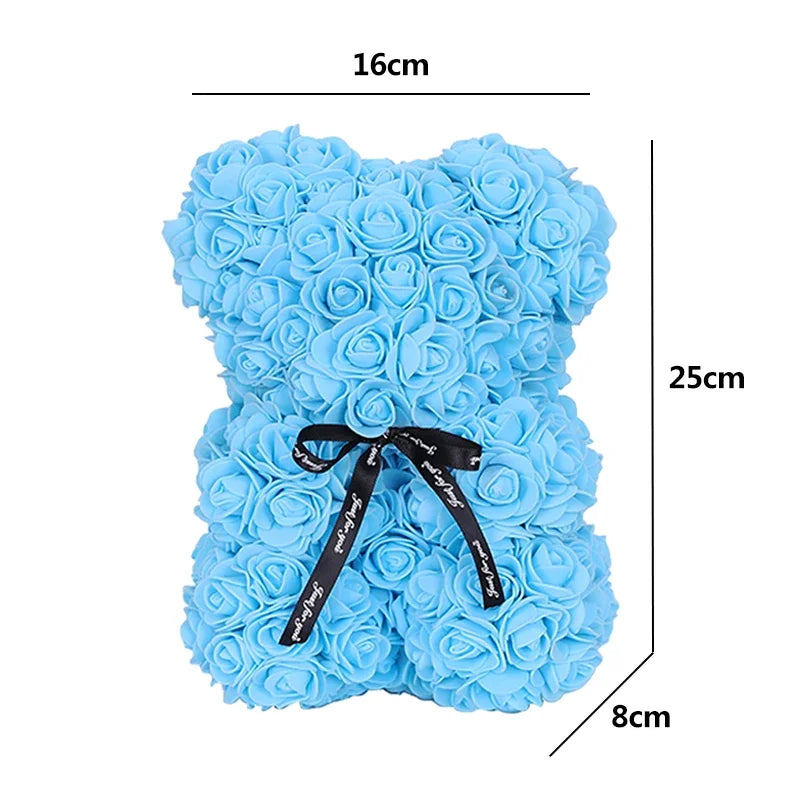 25cm Artificial Teddy Rose Flower Bear with Box Romantic Valentines Day Gift Girlfriend Women Mother Birthday Wedding Party Deco