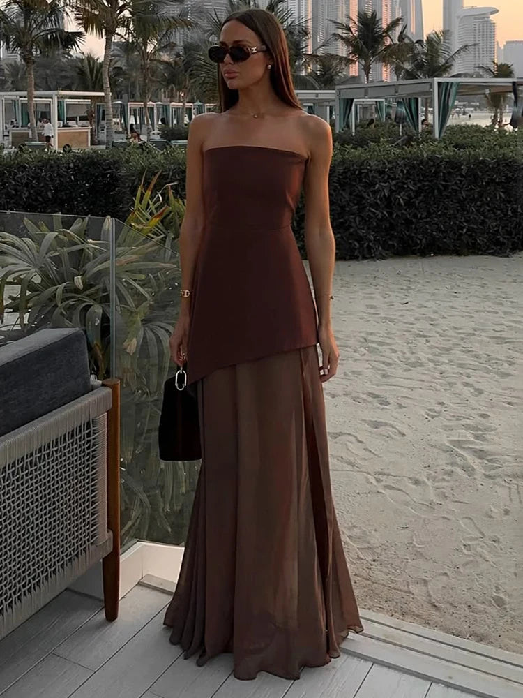 TARUXY Fashion Strapless Dress With Ribbon Female Elegant Sleeveless Mesh Beach Vacation Long Dress 2025 Spring New Women Dress