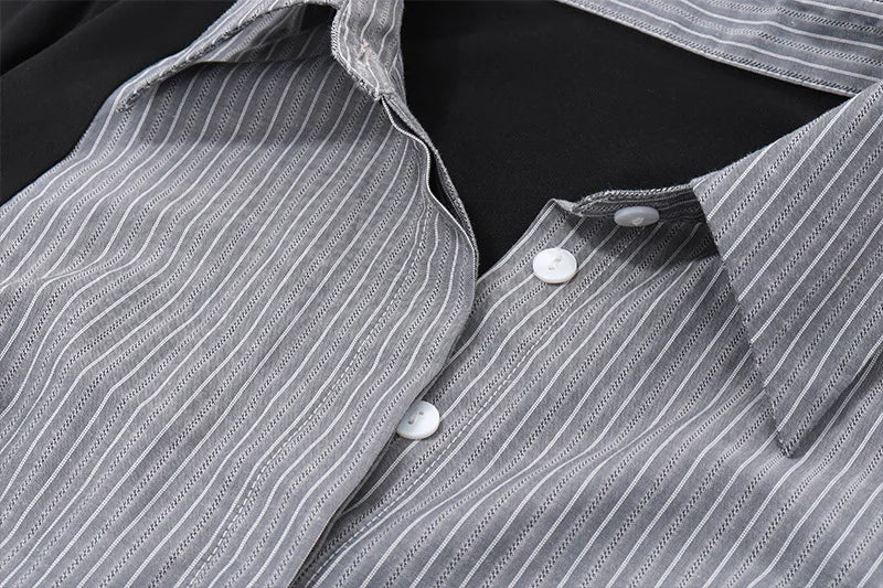 HLJ&GG Fashion Stripe Patchwork Two Piece Sets For Women Preppy Style Polo-neck Button Slim Shirts + Pleated Mini Skirts Outfits