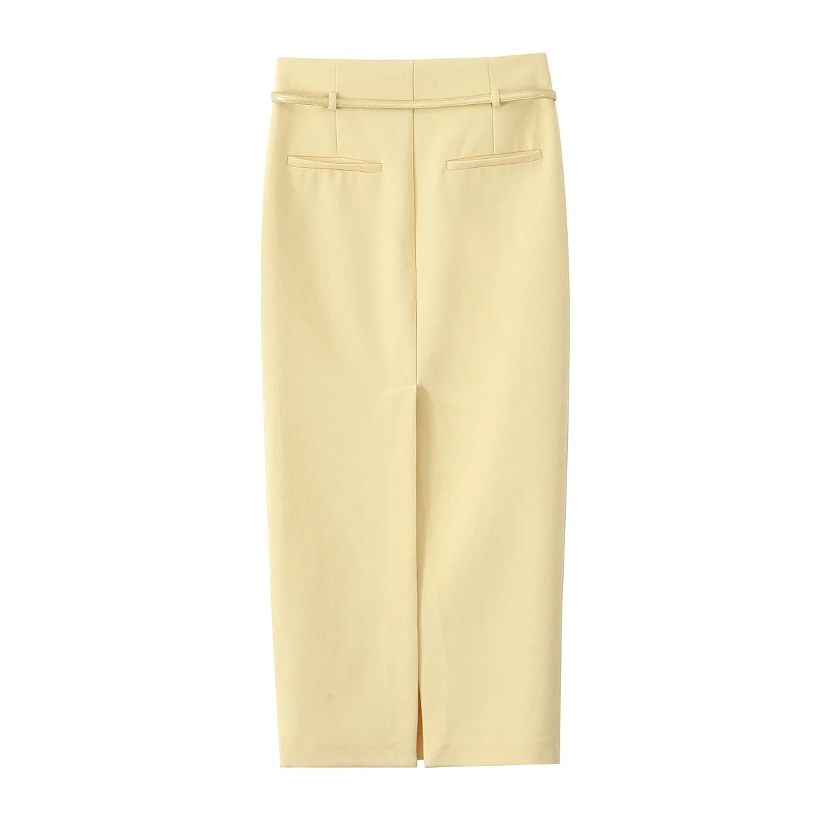 TRAFZA Women Fashion Suit Yellow V-Neck Sleeveless Belt Sngle Breasted Tops+High Waist Pocket Belt Long Skirts Female Summer Set